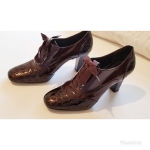 Franco Sarto Brown Patent Oxford Lace Up Heels